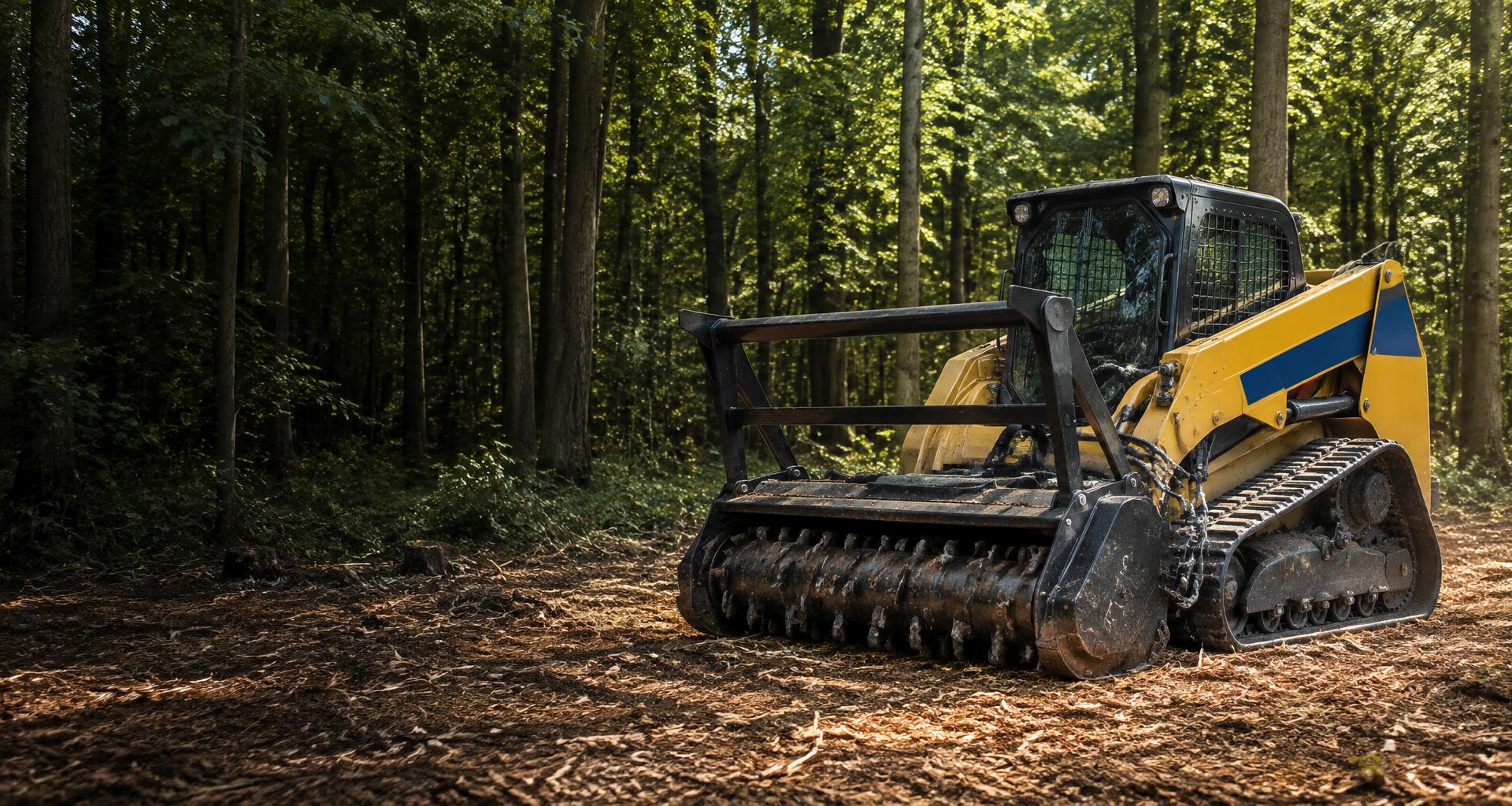 Yellow and blue tracked forestry mulcher on freshly cleared woodland